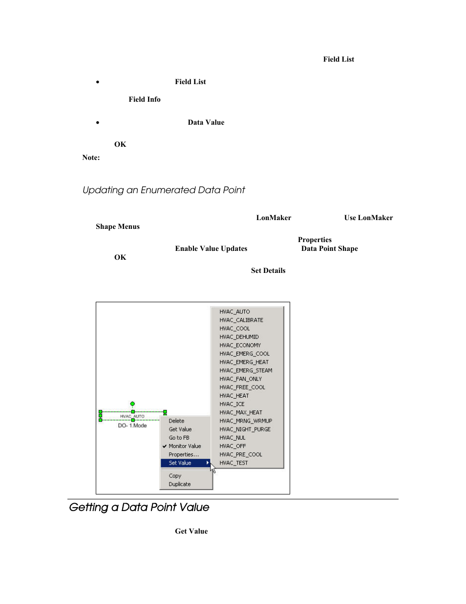 Updating an enumerated data point, Getting a data point value | Echelon LonMaker User Manual | Page 201 / 423