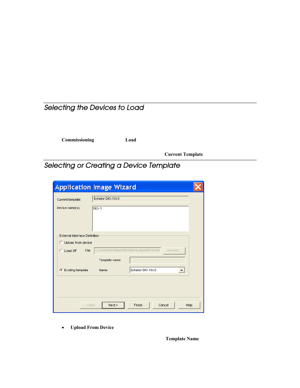 Selecting the devices to load, Selecting or creating a device template | Echelon LonMaker User Manual | Page 211 / 423