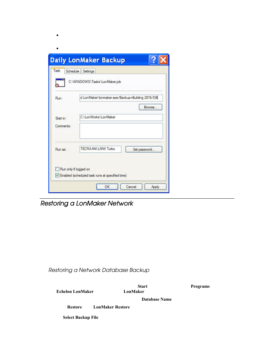 Restoring a lonmaker network, Restoring a network database backup | Echelon LonMaker User Manual | Page 227 / 423