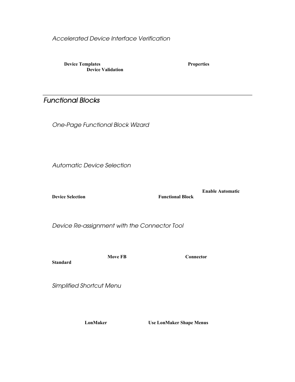 Accelerated device interface verification, Functional blocks, Automatic device selection | Device re-assignment with the connector tool, Simplified shortcut menu | Echelon LonMaker User Manual | Page 23 / 423