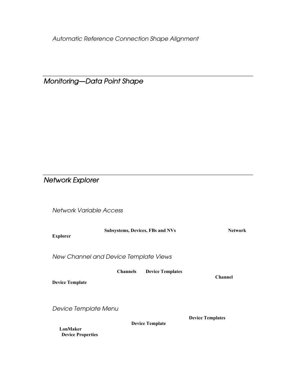 Automatic reference connection shape alignment, Monitoring—data point shape, Network explorer | Network variable access, New channel and device template views, Device template menu | Echelon LonMaker User Manual | Page 25 / 423