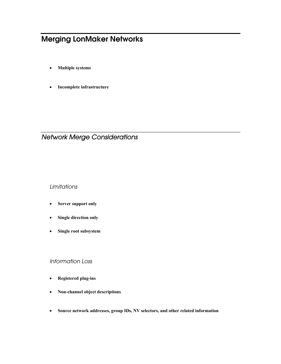 Merging lonmaker networks, Network merge considerations, Limitations | Information loss | Echelon LonMaker User Manual | Page 263 / 423