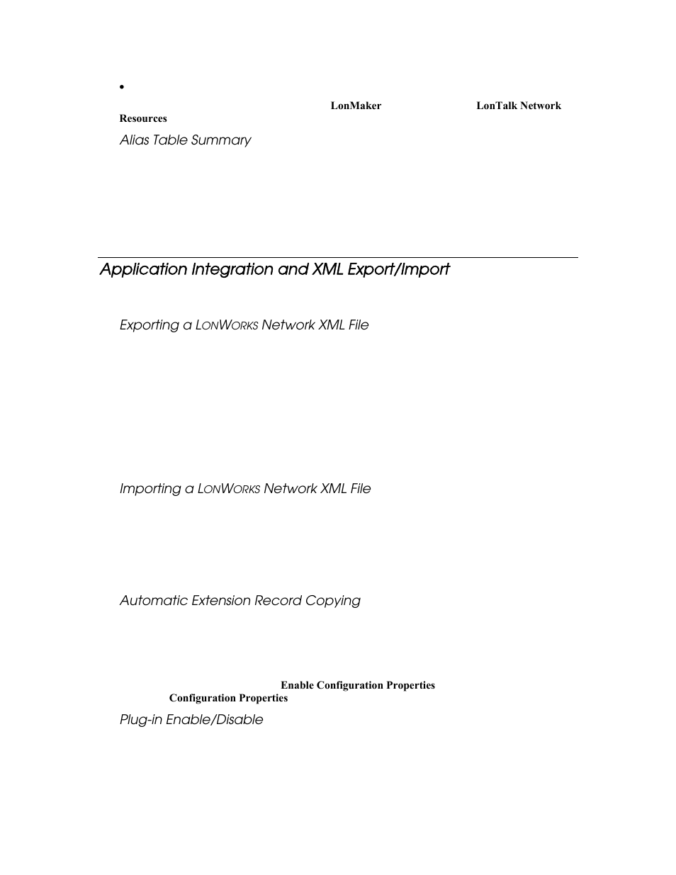 Alias table summary, Application integration and xml export/import, Exporting a lonworks network xml file | Importing a lonworks network xml file, Automatic extension record copying, Plug-in enable/disable | Echelon LonMaker User Manual | Page 27 / 423