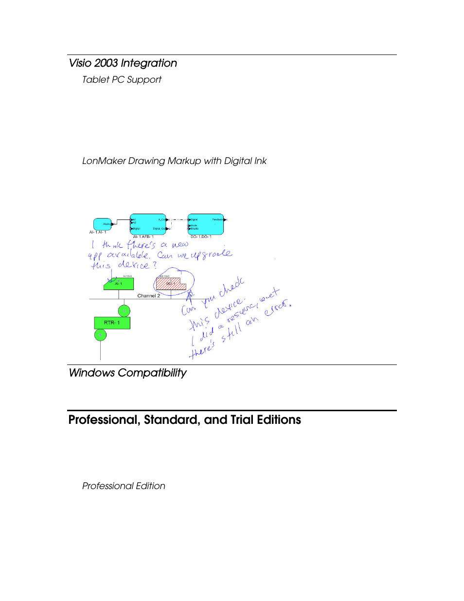 Visio 2003 integration, Tablet pc support, Lonmaker drawing markup with digital ink | Windows compatibility, Professional, standard, and trial editions, Professional edition | Echelon LonMaker User Manual | Page 29 / 423