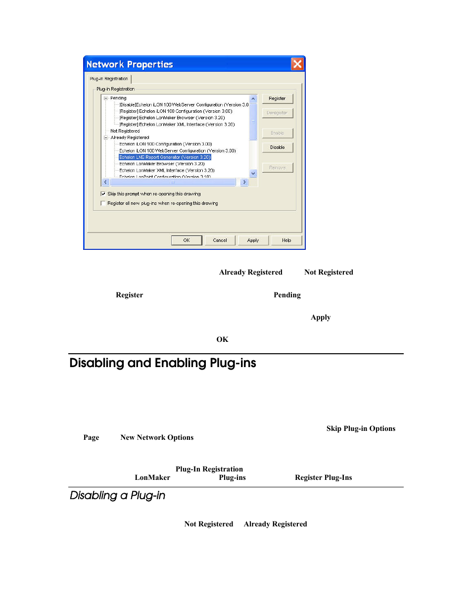 Disabling and enabling plug-ins, Disabling a plug-in | Echelon LonMaker User Manual | Page 315 / 423