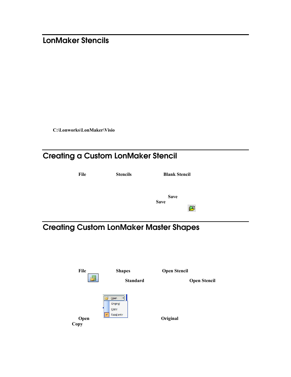 Lonmaker stencils, Creating a custom lonmaker stencil, Creating custom lonmaker master shapes | Echelon LonMaker User Manual | Page 318 / 423