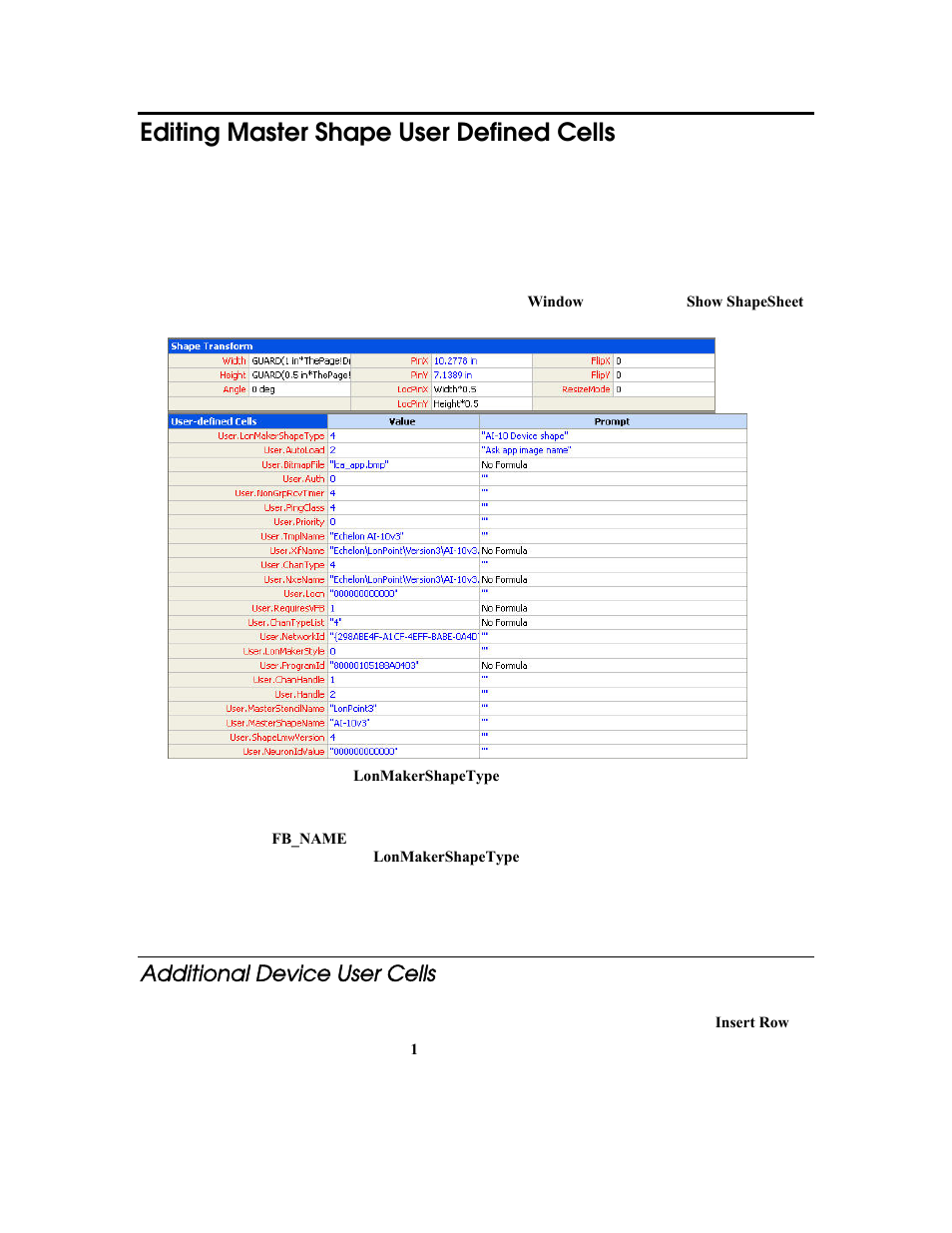Editing master shape user defined cells, Additional device user cells | Echelon LonMaker User Manual | Page 324 / 423