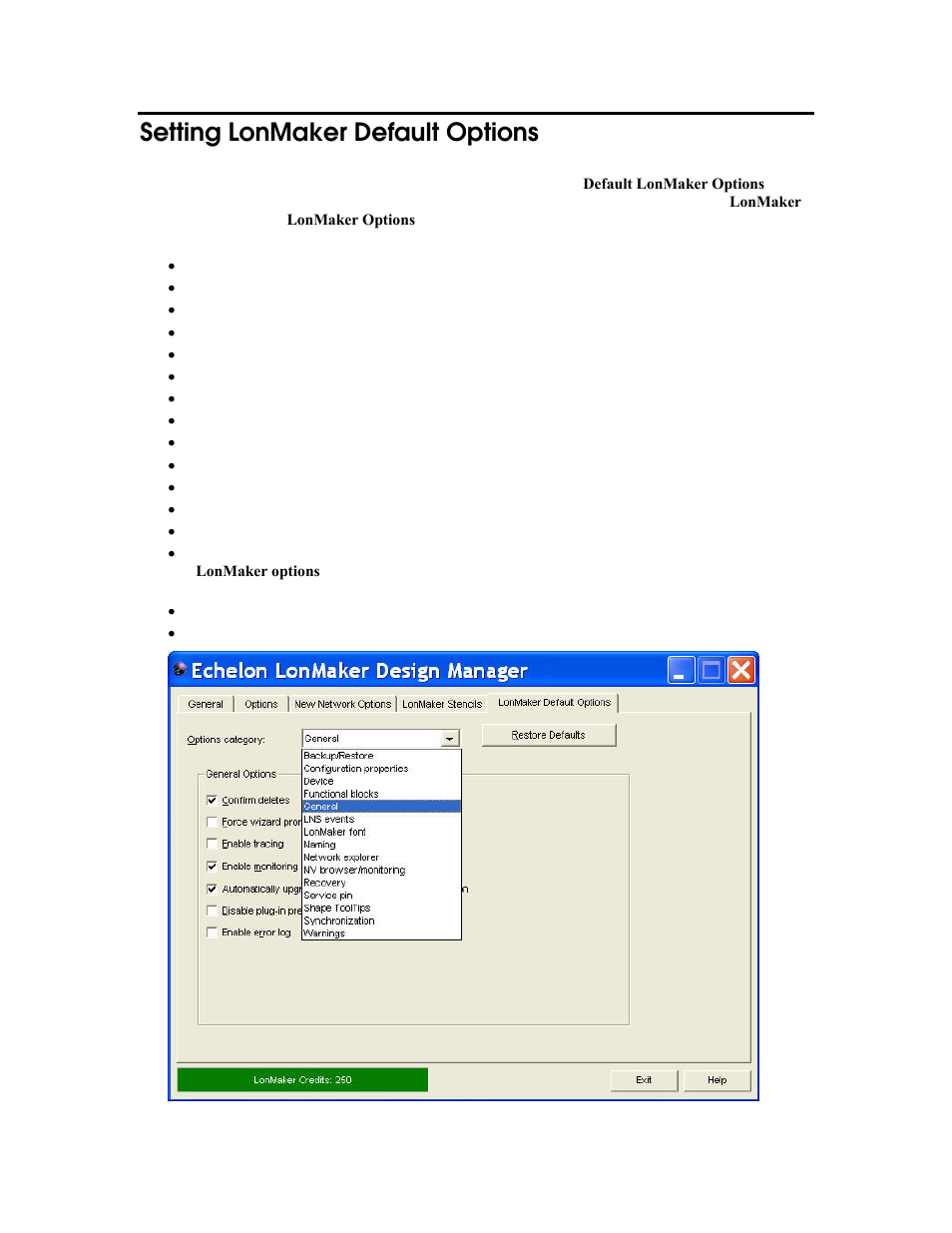 Appendix a: setting lonmaker default options, Setting lonmaker default options | Echelon LonMaker User Manual | Page 334 / 423