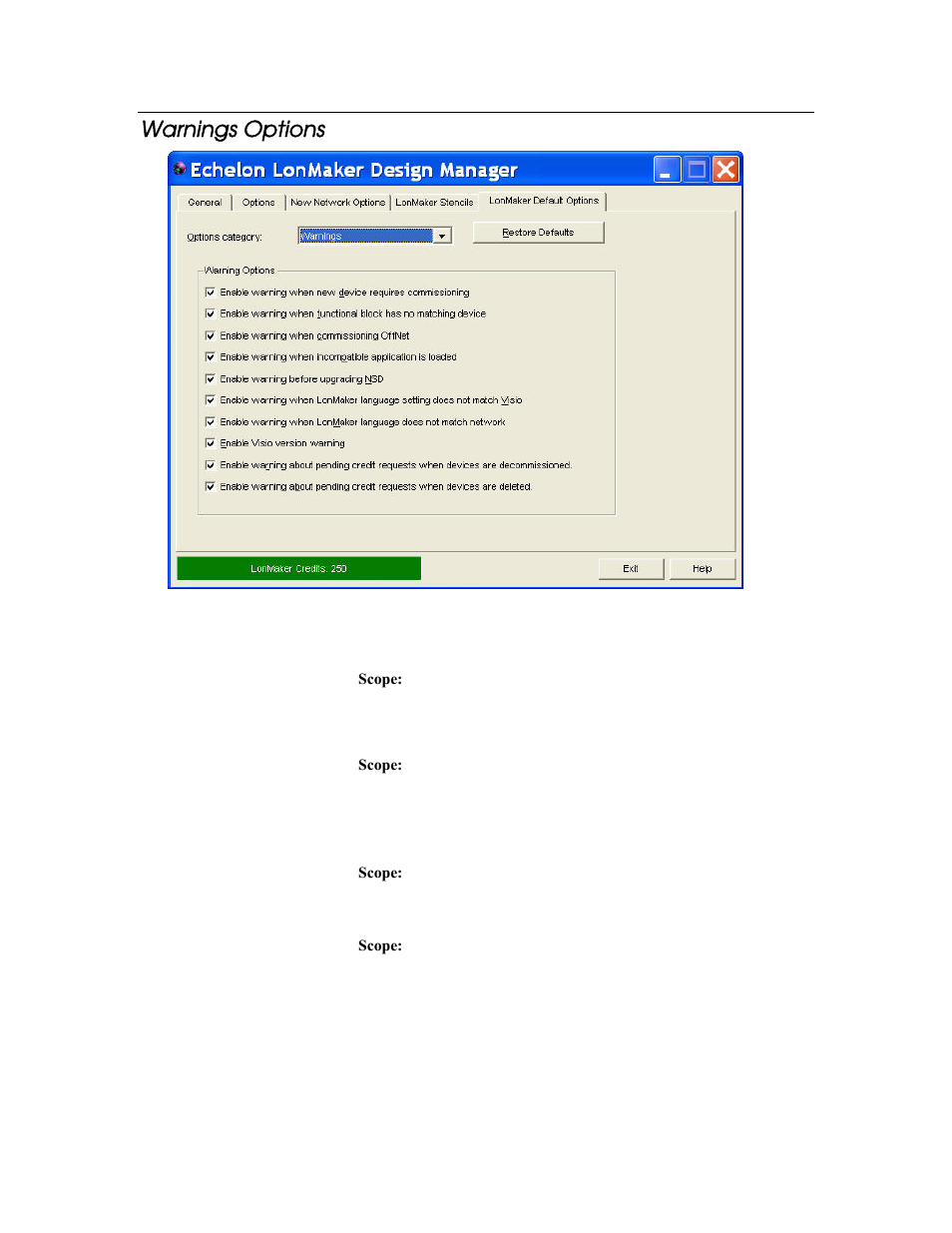 Warnings options | Echelon LonMaker User Manual | Page 360 / 423