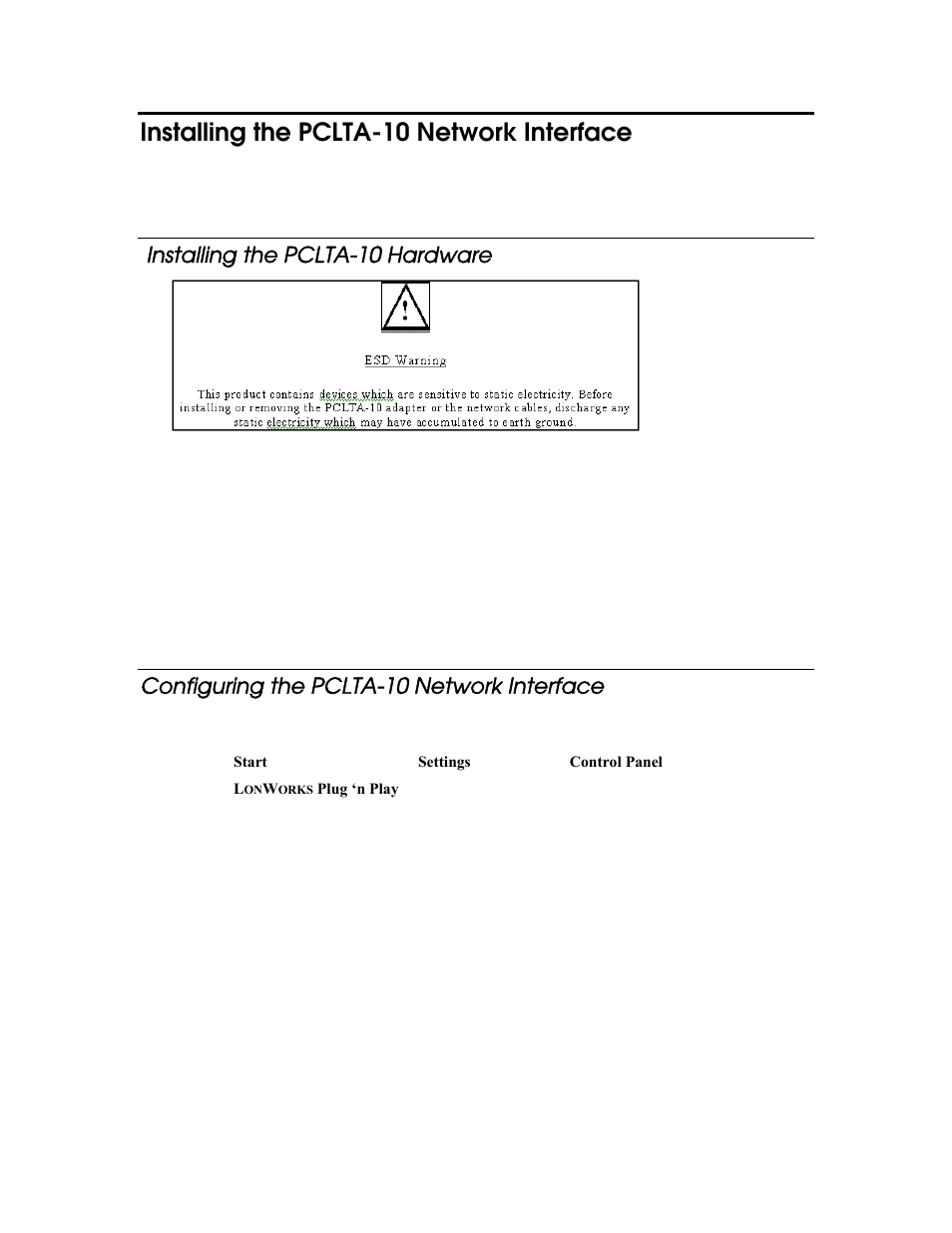 Installing the pclta-10 hardware, Configuring the pclta-10 network interface, Installing the pclta-10 network interface | Echelon LonMaker User Manual | Page 364 / 423