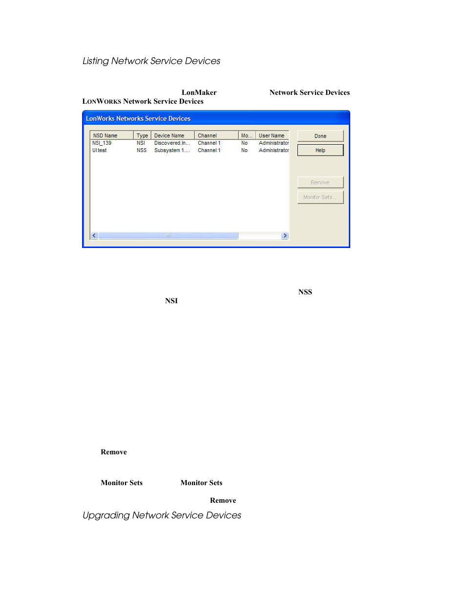 Listing network service devices, Upgrading network service devices | Echelon LonMaker User Manual | Page 87 / 423