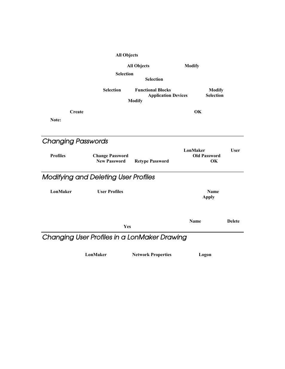 Changing passwords, Modifying and deleting user profiles, Changing user profiles in a lonmaker drawing | Echelon LonMaker User Manual | Page 90 / 423