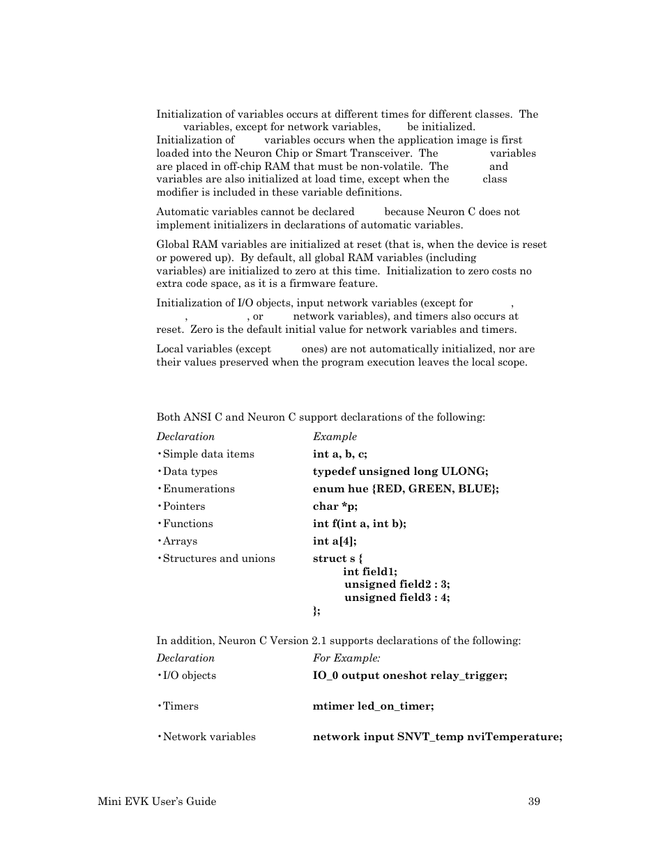 Variable initialization, Neuron c declarations | Echelon Mini EVK User Manual | Page 45 / 98