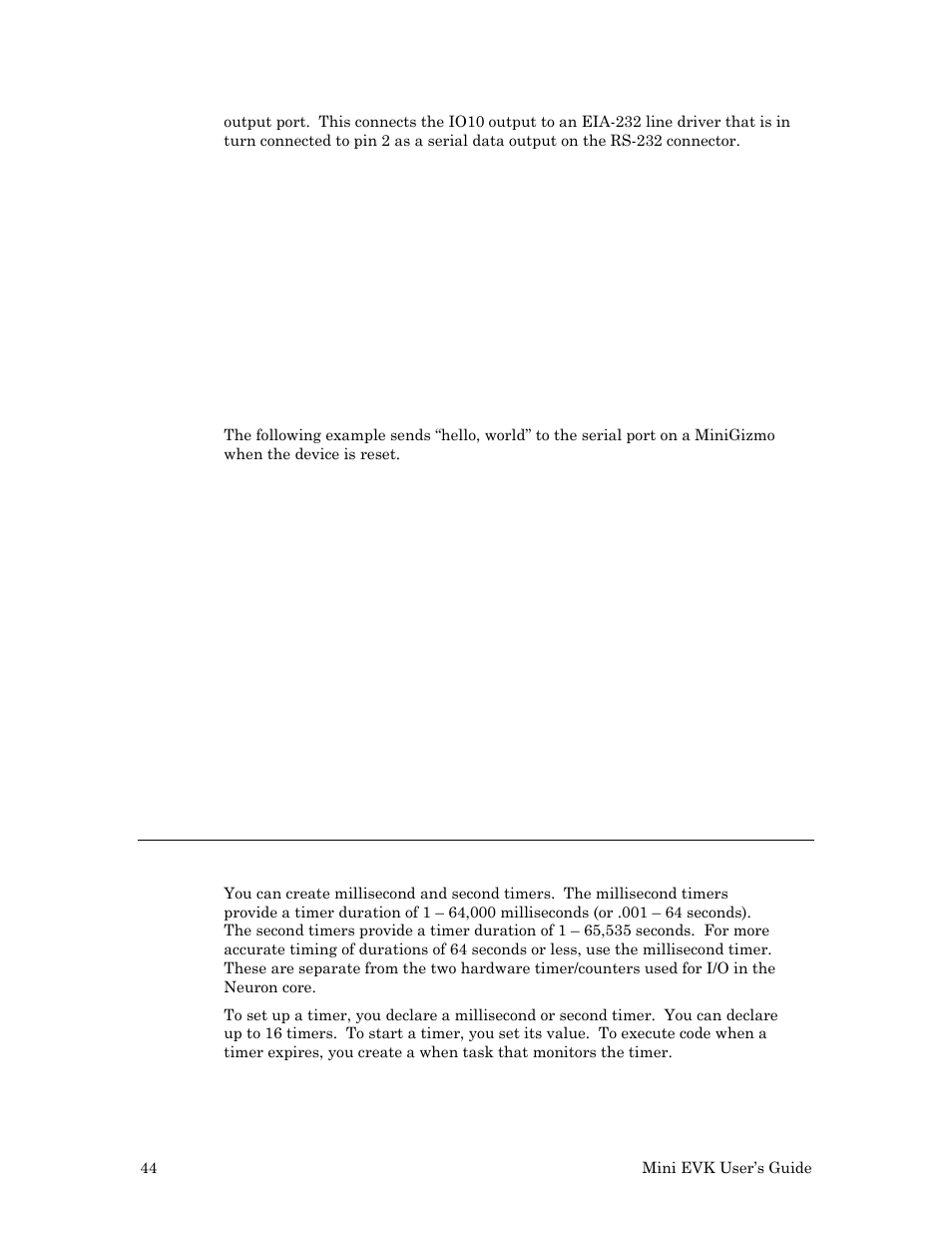 Timers, Hello world example | Echelon Mini EVK User Manual | Page 50 / 98