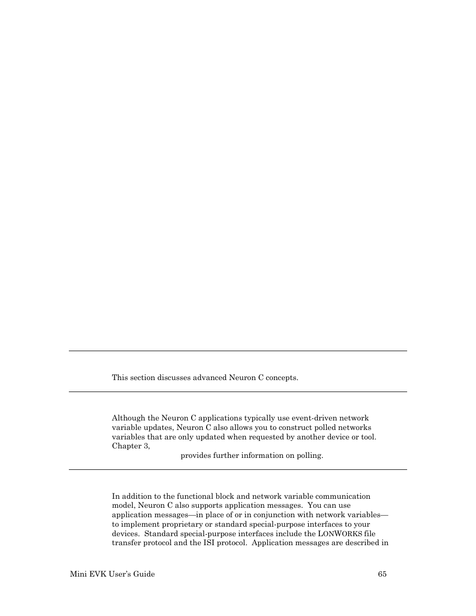 Advanced neuron c concepts, Event-driven vs. polled scheduling, Low-level messaging | Echelon Mini EVK User Manual | Page 71 / 98