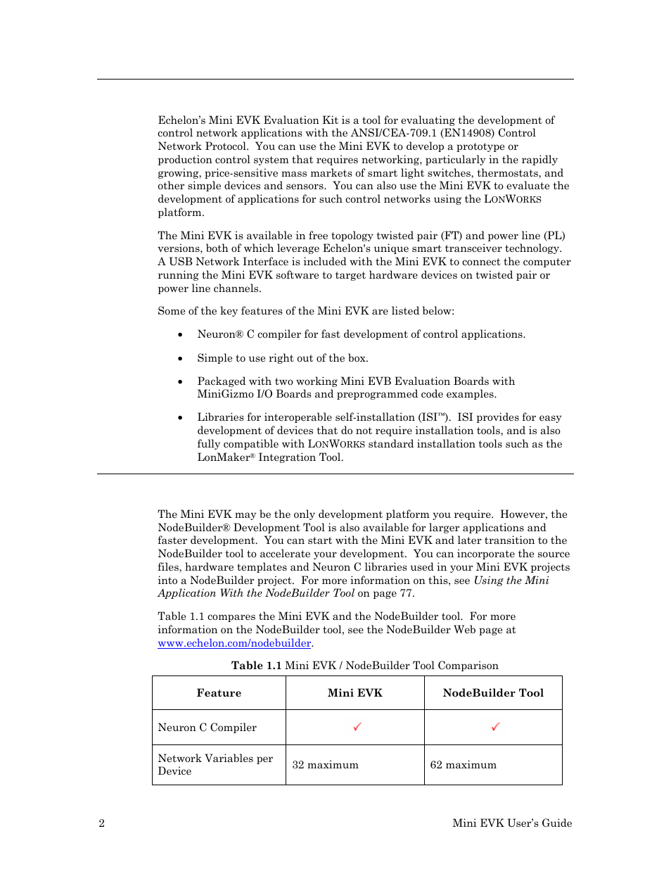 Introducing the mini evaluation kit, Mini evk vs. nodebuilder tool comparison | Echelon Mini EVK User Manual | Page 8 / 98