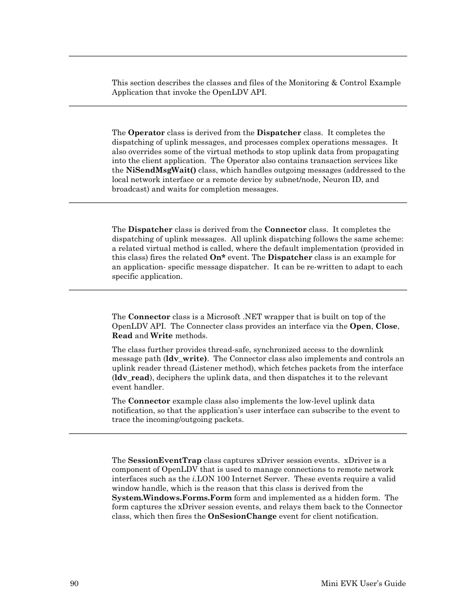 Openldv adapter, Operator class, Dispatcher class | Connector wrapper class, Sessioneventtrap class | Echelon Mini EVK User Manual | Page 96 / 98
