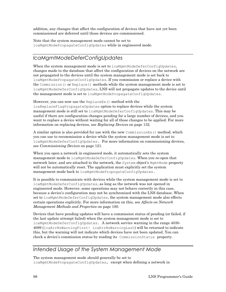 Lcamgmtmodedeferconfigupdates, Intended usage of the system management mode | Echelon LNS User Manual | Page 112 / 368