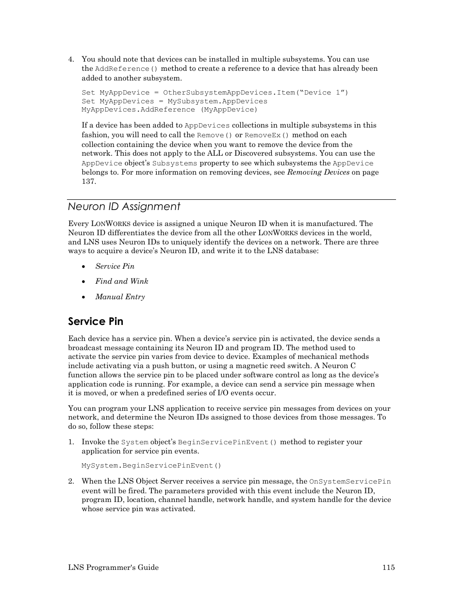 Neuron id assignment, Service pin | Echelon LNS User Manual | Page 129 / 368