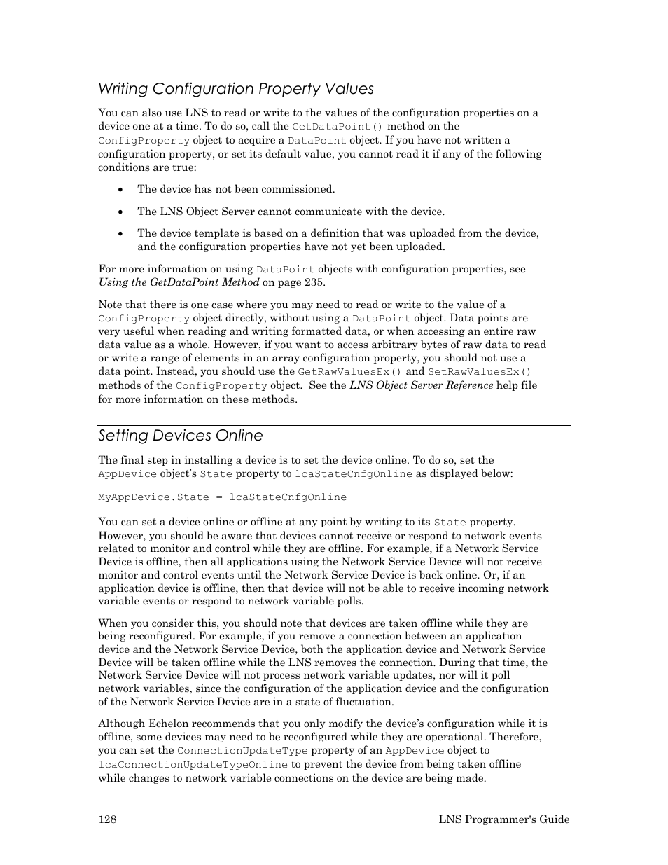 Writing configuration property values, Setting devices online | Echelon LNS User Manual | Page 142 / 368
