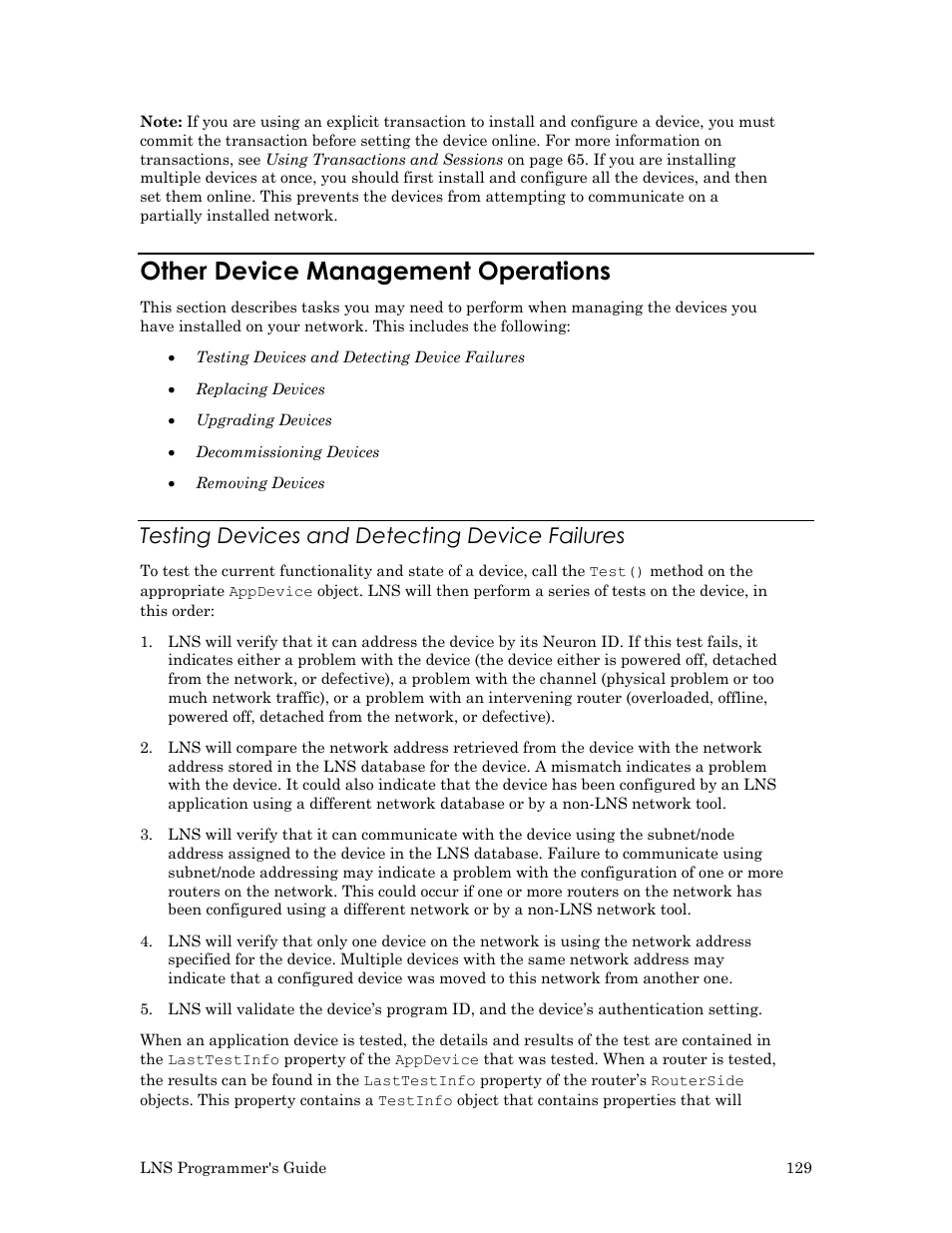 Other device management operations, Testing devices and detecting device failures | Echelon LNS User Manual | Page 143 / 368