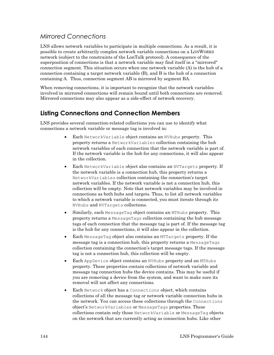 Mirrored connections, Listing connections and connection members | Echelon LNS User Manual | Page 158 / 368