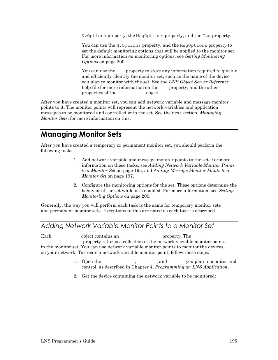 Managing monitor sets, See the managing monitor sets | Echelon LNS User Manual | Page 209 / 368