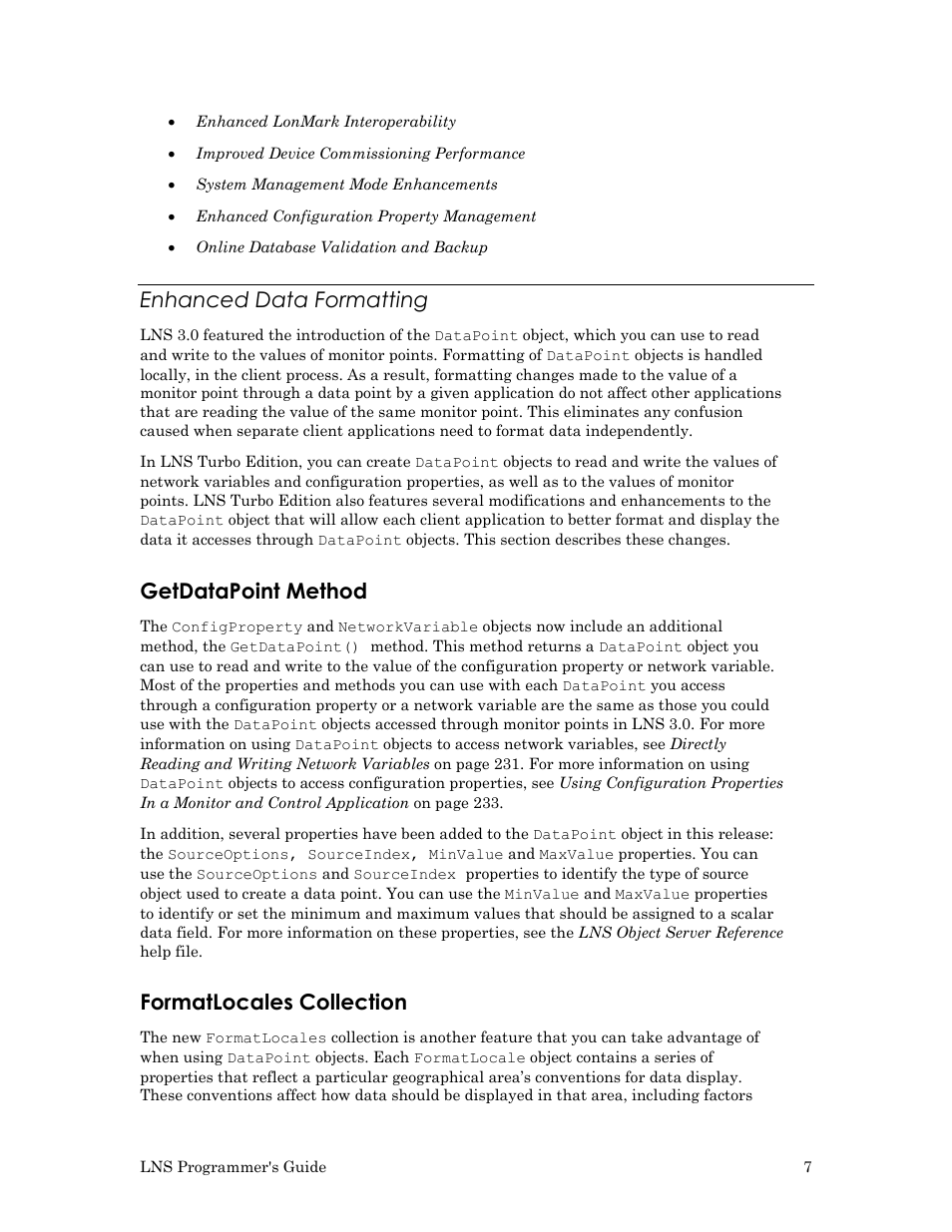 Enhanced data formatting, Getdatapoint method, Formatlocales collection | Echelon LNS User Manual | Page 21 / 368