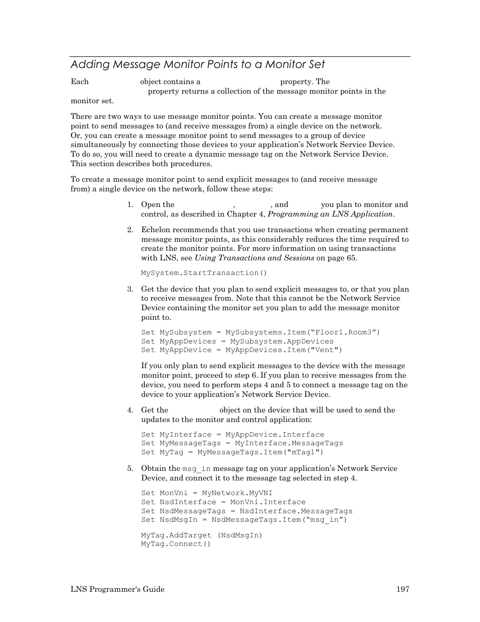 Adding message monitor points to a monitor set, Adding message monitor points to a | Echelon LNS User Manual | Page 211 / 368