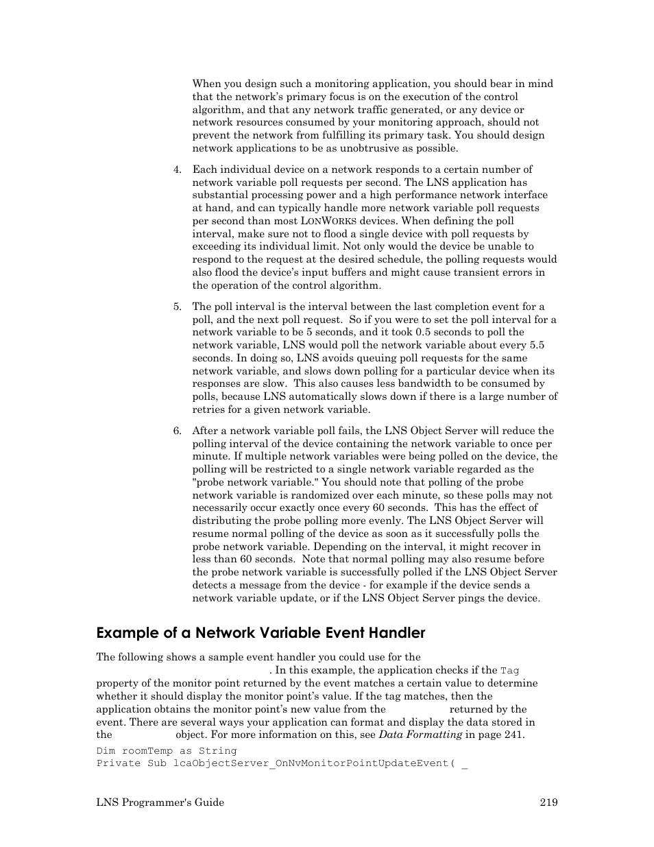 Example of a network variable event handler | Echelon LNS User Manual | Page 233 / 368