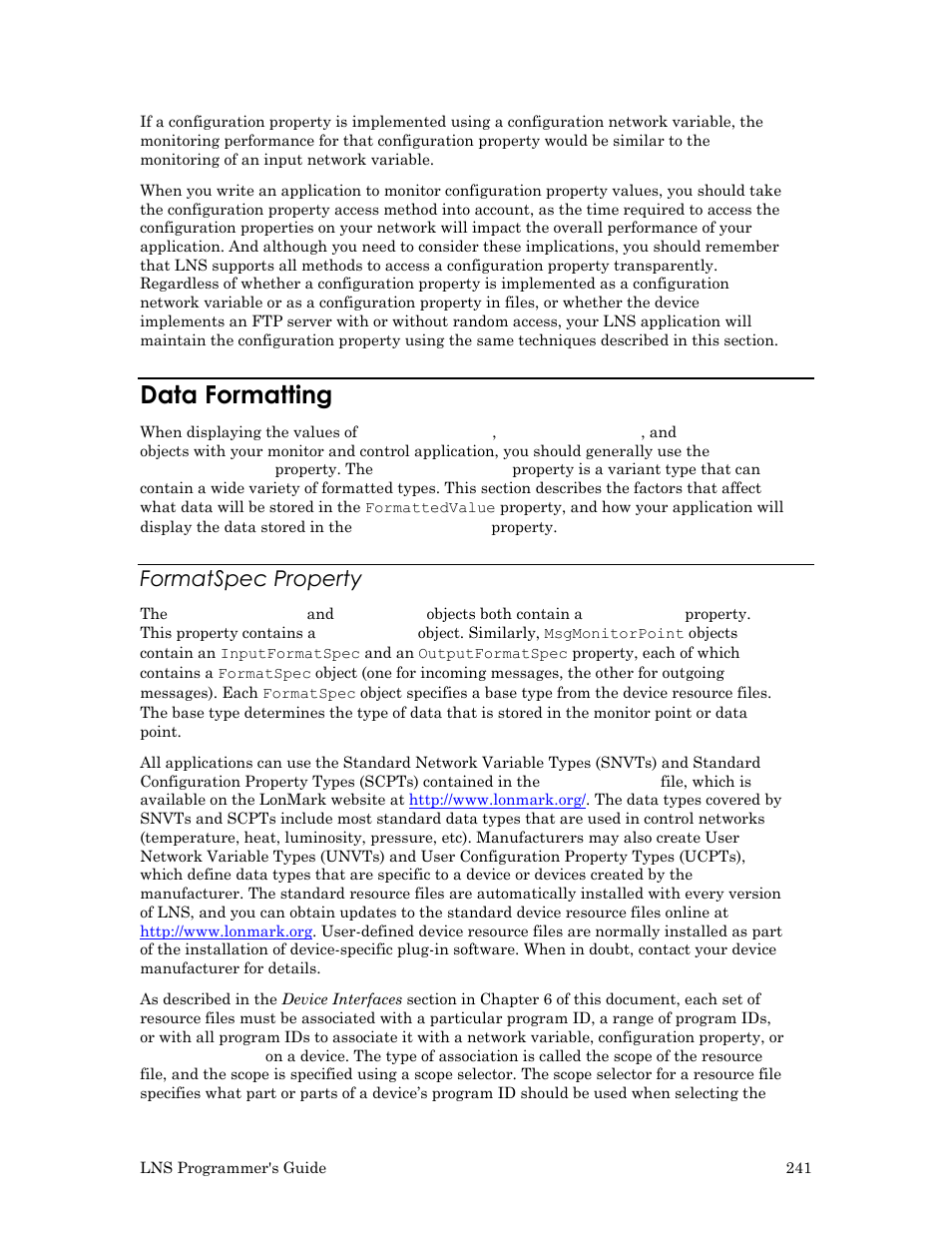 Data formatting, Formatspec property, See data | Echelon LNS User Manual | Page 255 / 368