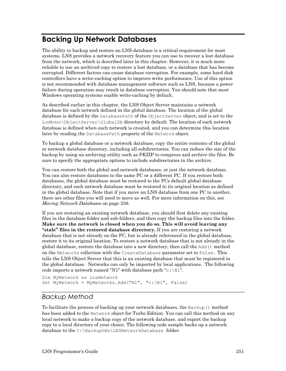 Backing up network databases, Backup method, N on the online backup feature, see backing | Echelon LNS User Manual | Page 265 / 368