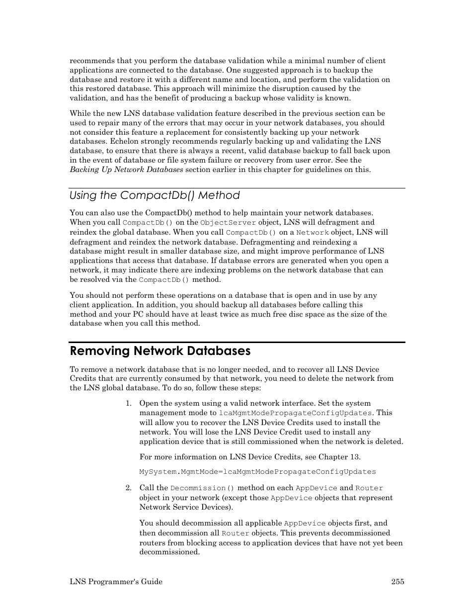 Using the compactdb() method, Removing network databases | Echelon LNS User Manual | Page 269 / 368