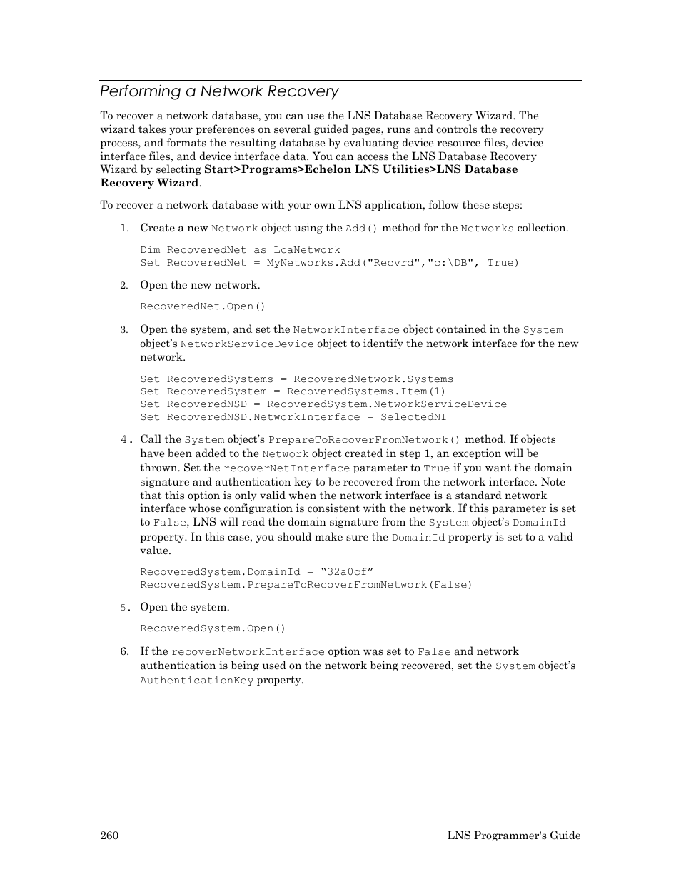 Performing a network recovery | Echelon LNS User Manual | Page 274 / 368