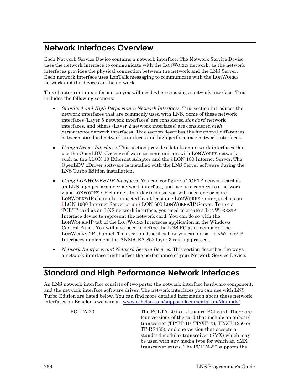 Network interfaces overview, Standard and high performance network interfaces | Echelon LNS User Manual | Page 280 / 368