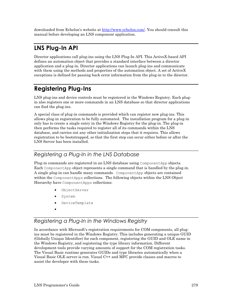 Lns plug-in api, Registering plug-ins, Registering a plug-in in the lns database | Registering a plug-in in the windows registry | Echelon LNS User Manual | Page 293 / 368