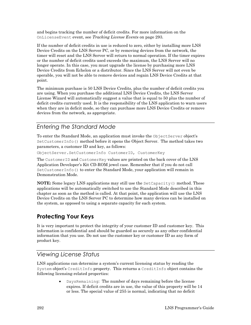 Entering the standard mode, Protecting your keys, Viewing license status | Echelon LNS User Manual | Page 306 / 368