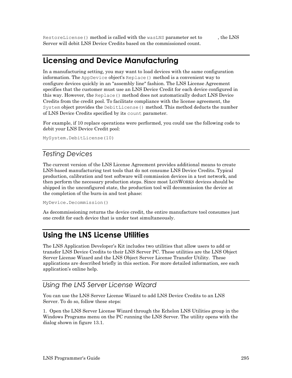 Licensing and device manufacturing, Testing devices, Using the lns license utilities | Using the lns server license wizard | Echelon LNS User Manual | Page 309 / 368