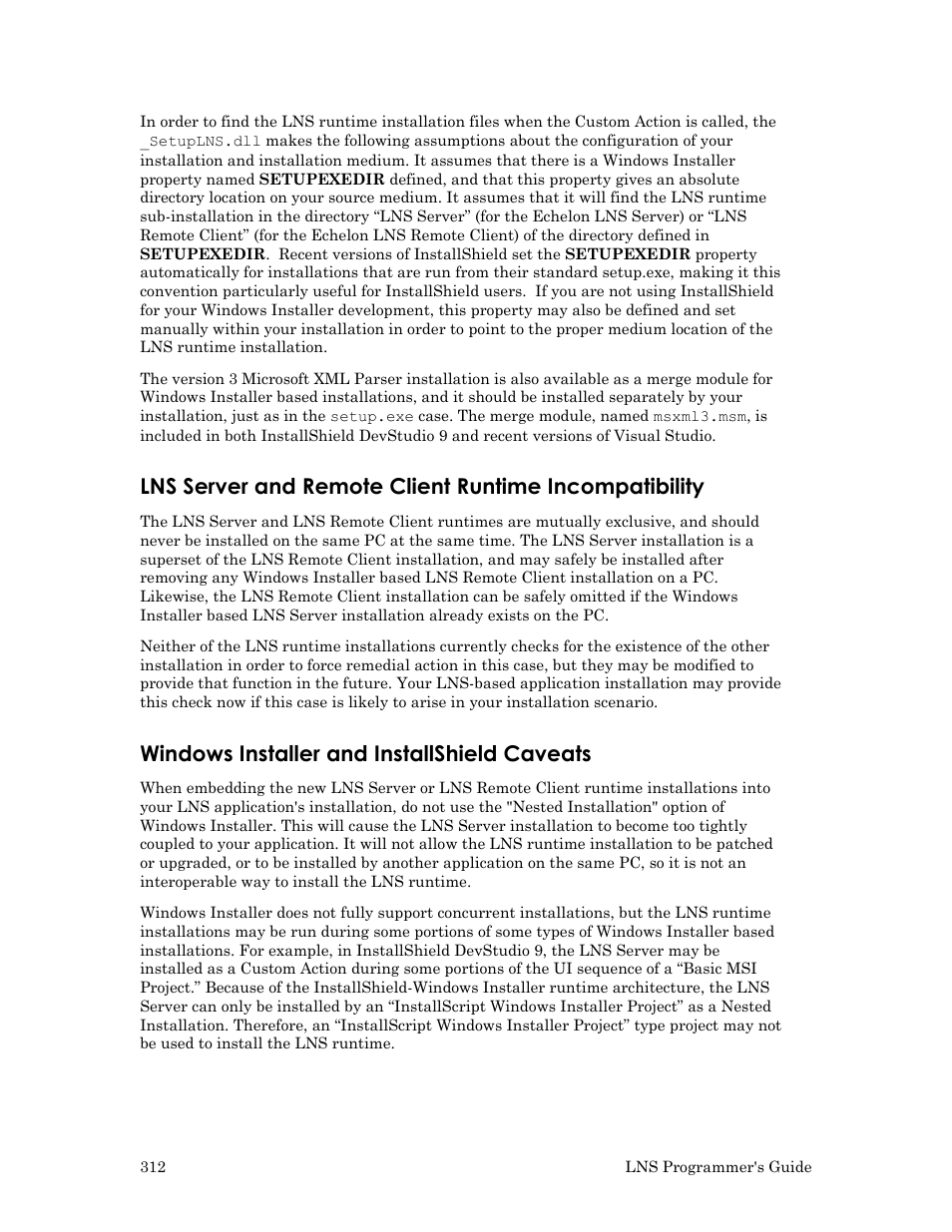 Windows installer and installshield caveats | Echelon LNS User Manual | Page 326 / 368