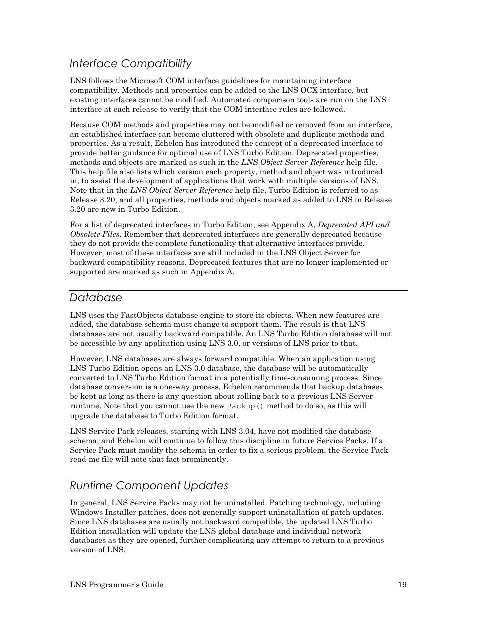 Interface compatibility, Database, Runtime component updates | Echelon LNS User Manual | Page 33 / 368