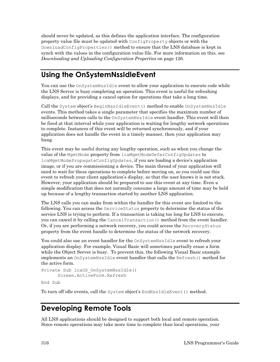 Using the onsystemnssidleevent, Developing remote tools | Echelon LNS User Manual | Page 330 / 368