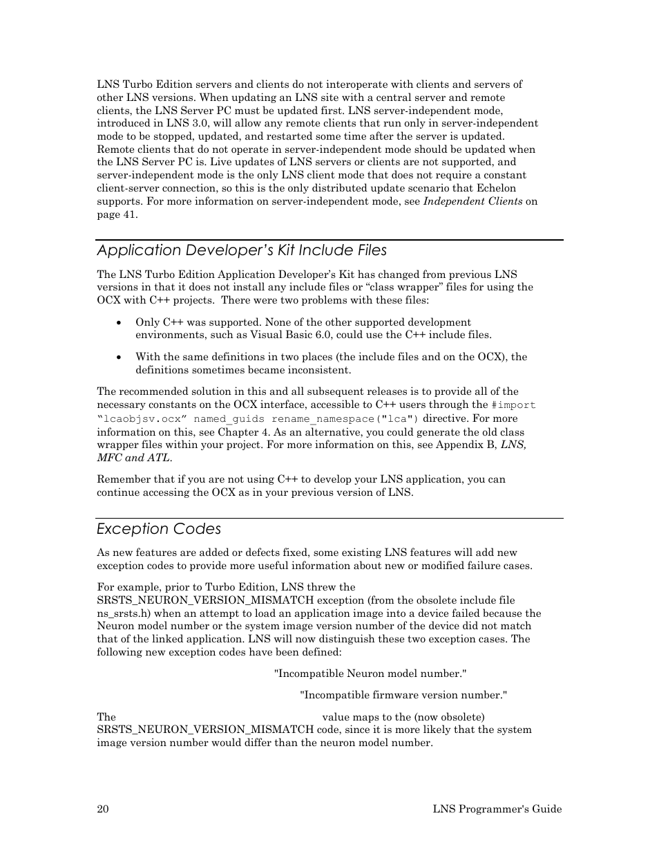 Application developer’s kit include files, Exception codes | Echelon LNS User Manual | Page 34 / 368