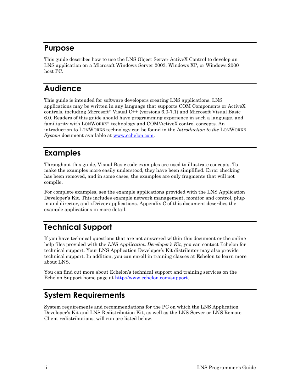 Purpose, Audience, Examples | Technical support, System requirements | Echelon LNS User Manual | Page 4 / 368