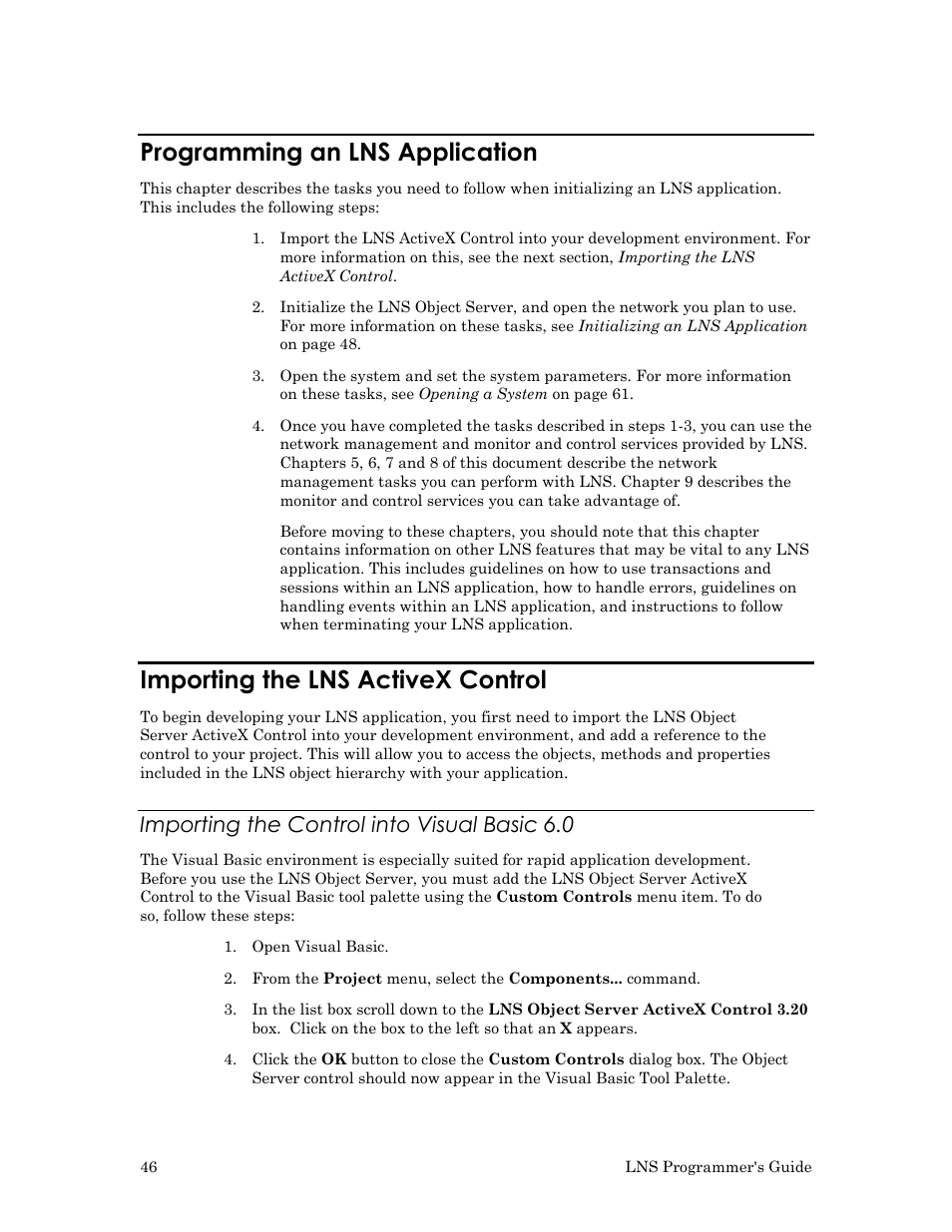 Programming an lns application, Importing the lns activex control, Importing the control into visual basic 6.0 | Echelon LNS User Manual | Page 60 / 368