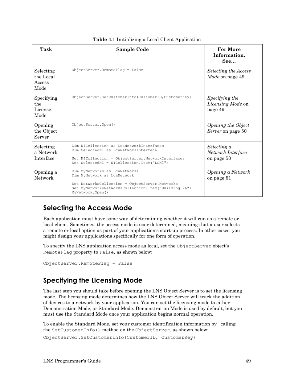 Selecting the access mode, Specifying the licensing mode | Echelon LNS User Manual | Page 63 / 368