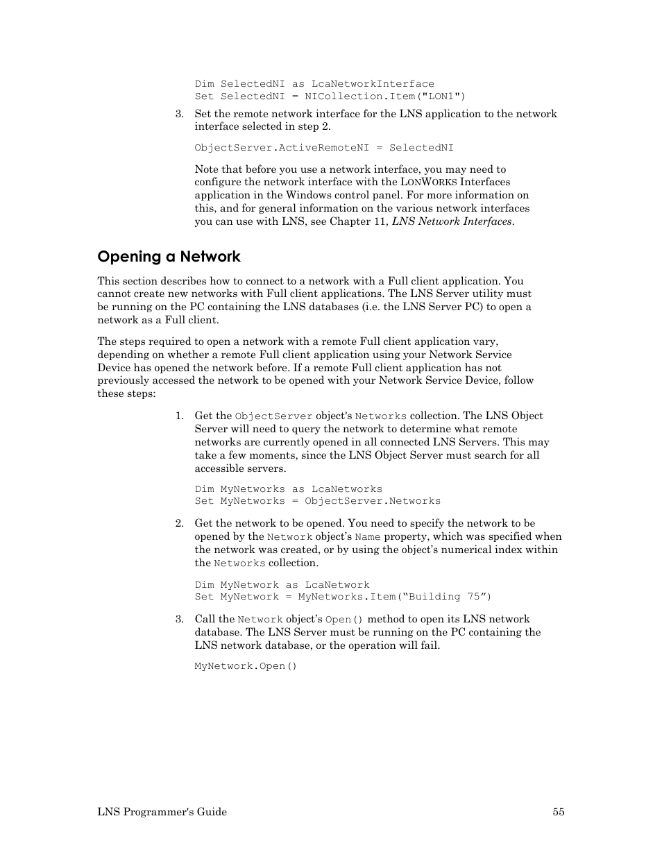 Opening a network, Opening a, Network | N. for instructions on this, see opening a network | Echelon LNS User Manual | Page 69 / 368