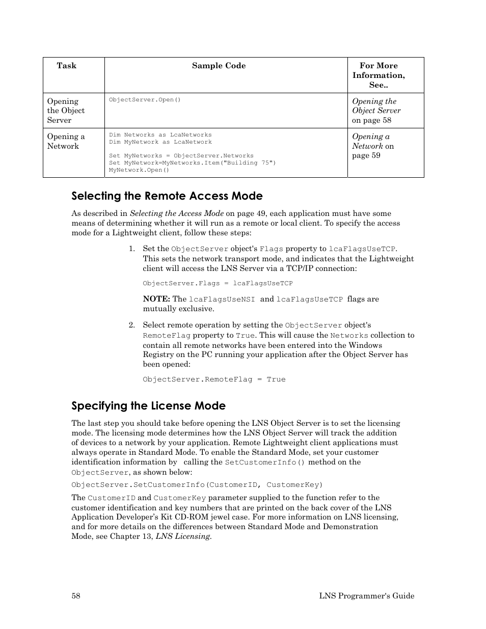 Selecting the remote access mode, Specifying the license mode, Selecting the | Remote access, Specifying the, License mode | Echelon LNS User Manual | Page 72 / 368