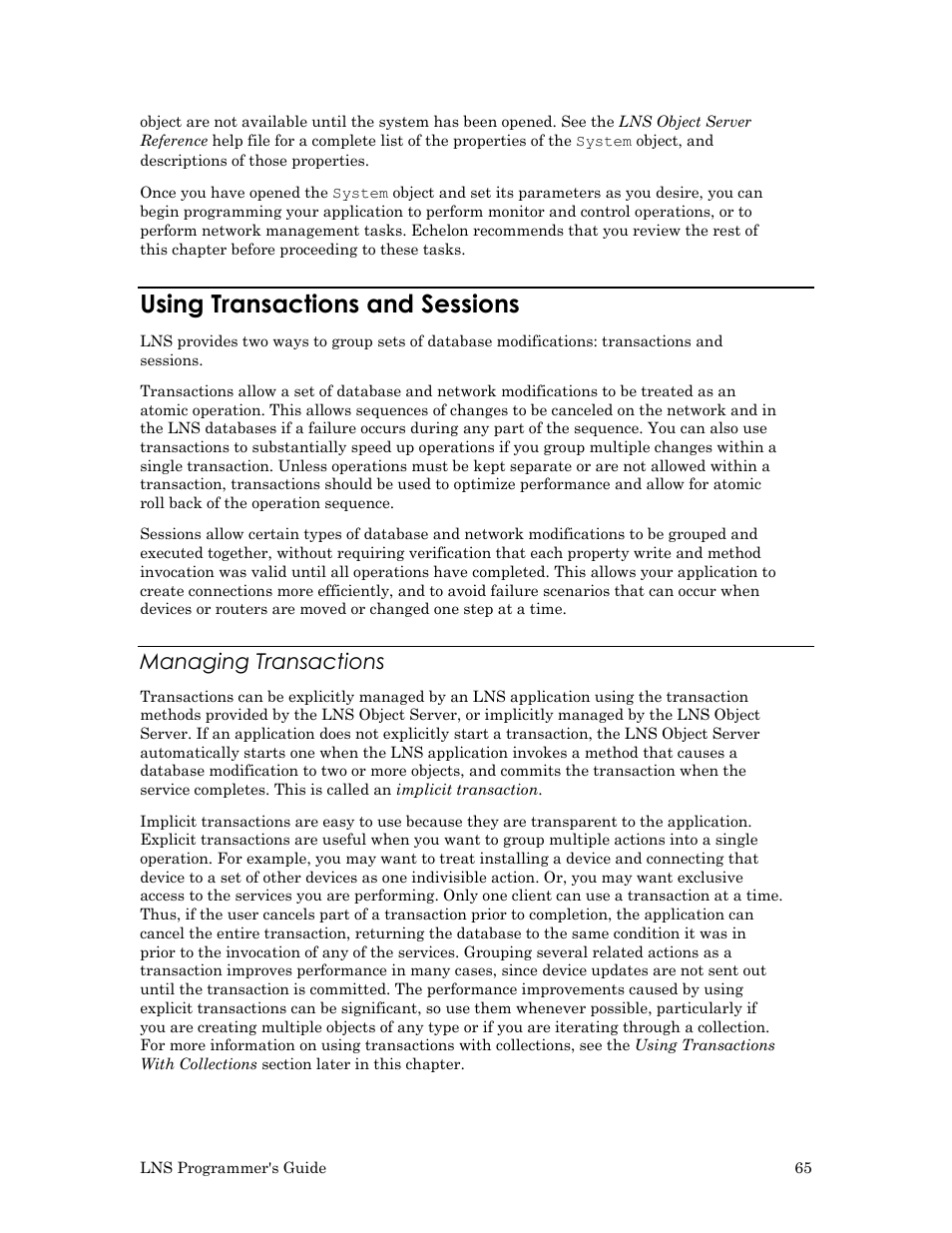 Using transactions and sessions, Managing transactions | Echelon LNS User Manual | Page 79 / 368