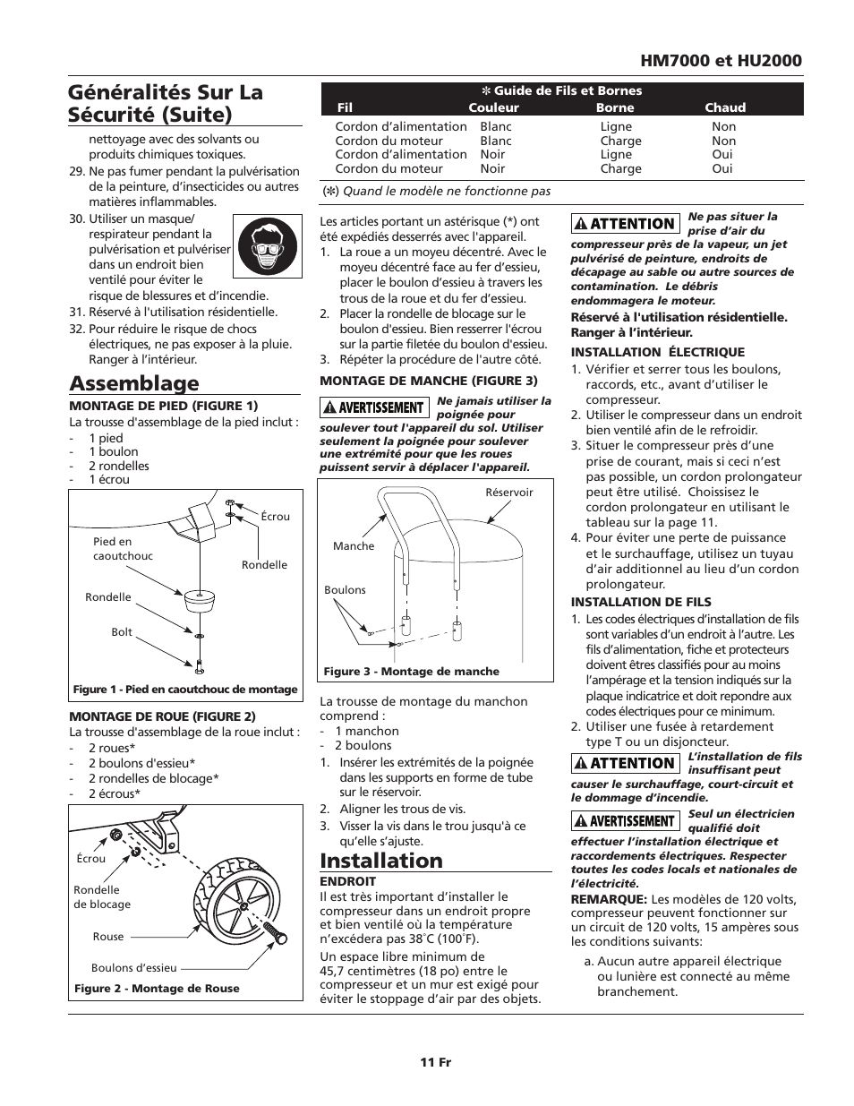 Assemblage, Installation, Généralités sur la sécurité (suite) | Campbell Hausfeld HM7000 User Manual | Page 11 / 24