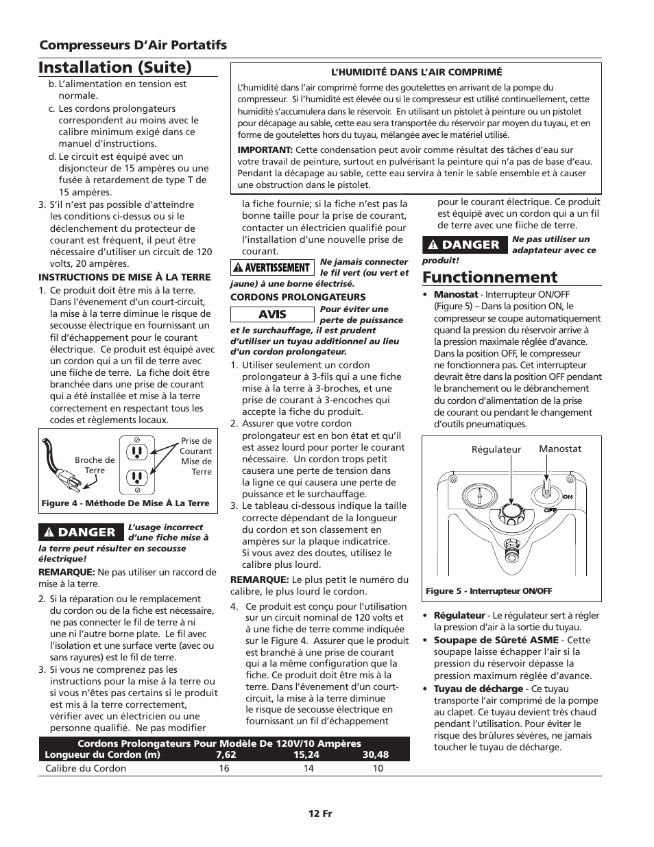 Functionnement, Installation (suite), Compresseurs d’air portatifs | Campbell Hausfeld HM7000 User Manual | Page 12 / 24
